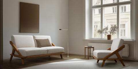 nordic sapce sofa und sessel aus massivem eichenholz mit sitz- und rückenpolstern in hellem möbelbezugsstoff in wohnzimmer einer altbauwohnung in berlin mit stehleuchte und beistelltisch