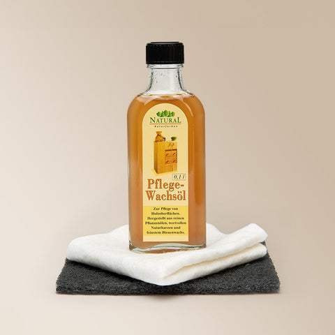 set pflege-wachs öl für möbel von natural in 0,1 liter flasche mit tuch und schleifflies