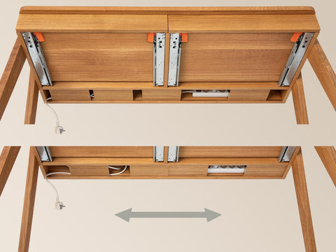 unterseit des nordic space schreibtischs aus geöltem eichenholz mit schubkasten vollauszügen und verschiebbaren öffnungen für das grße kabelfach unter der tischplatte